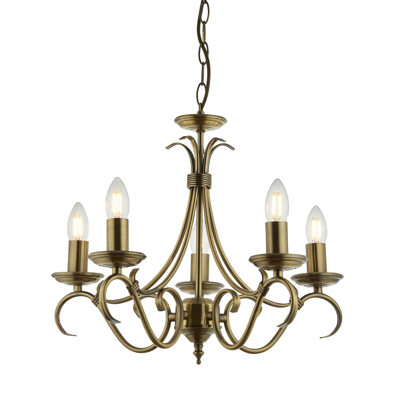 Bernice 5-Light Pendant: Antique Brass & Scrolled Arms (Dimmable)