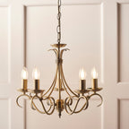 Bernice 5-Light Pendant: Antique Brass & Scrolled Arms (Dimmable)