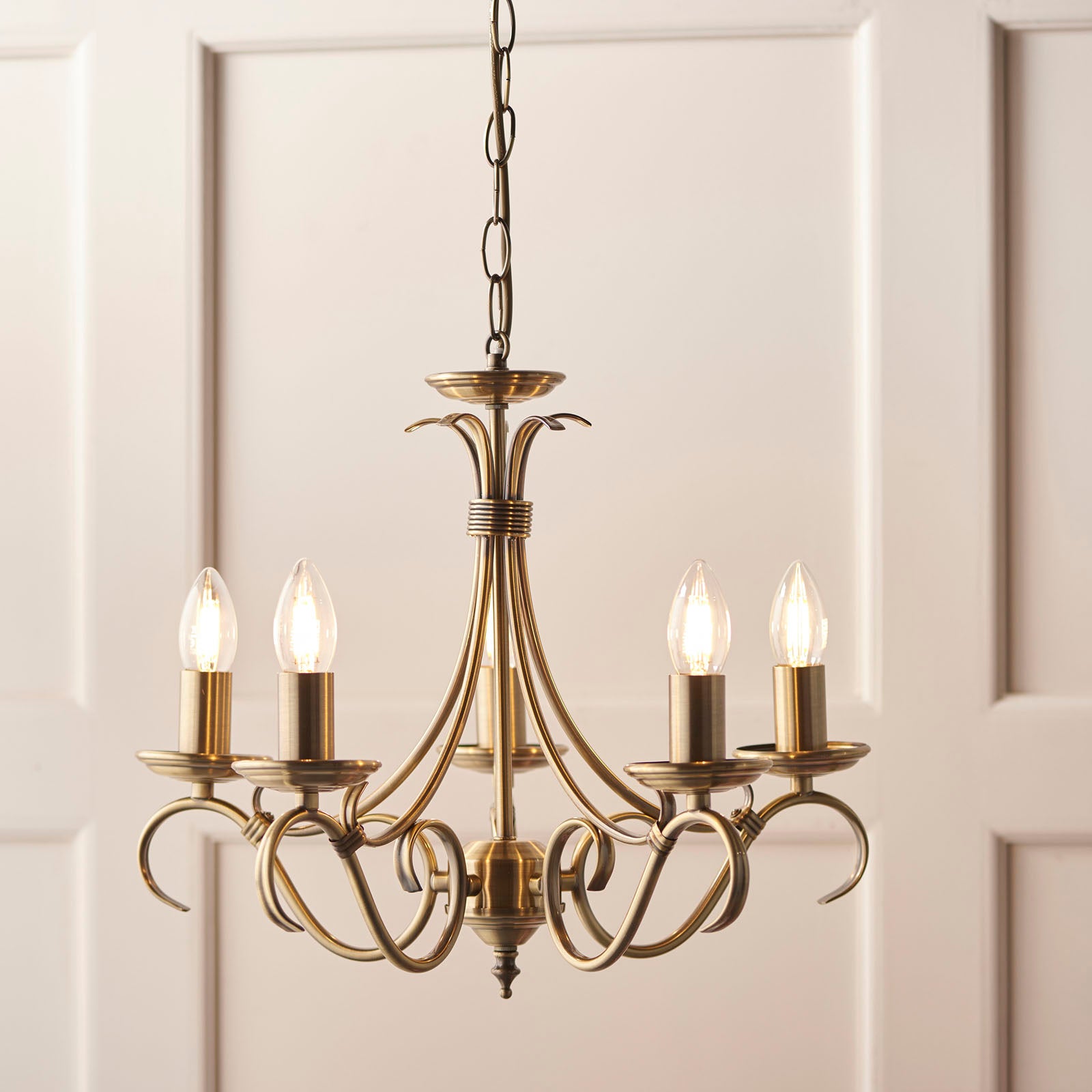 Bernice 5-Light Pendant: Antique Brass & Scrolled Arms (Dimmable)
