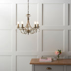 Bernice 5-Light Pendant: Antique Brass & Scrolled Arms (Dimmable)