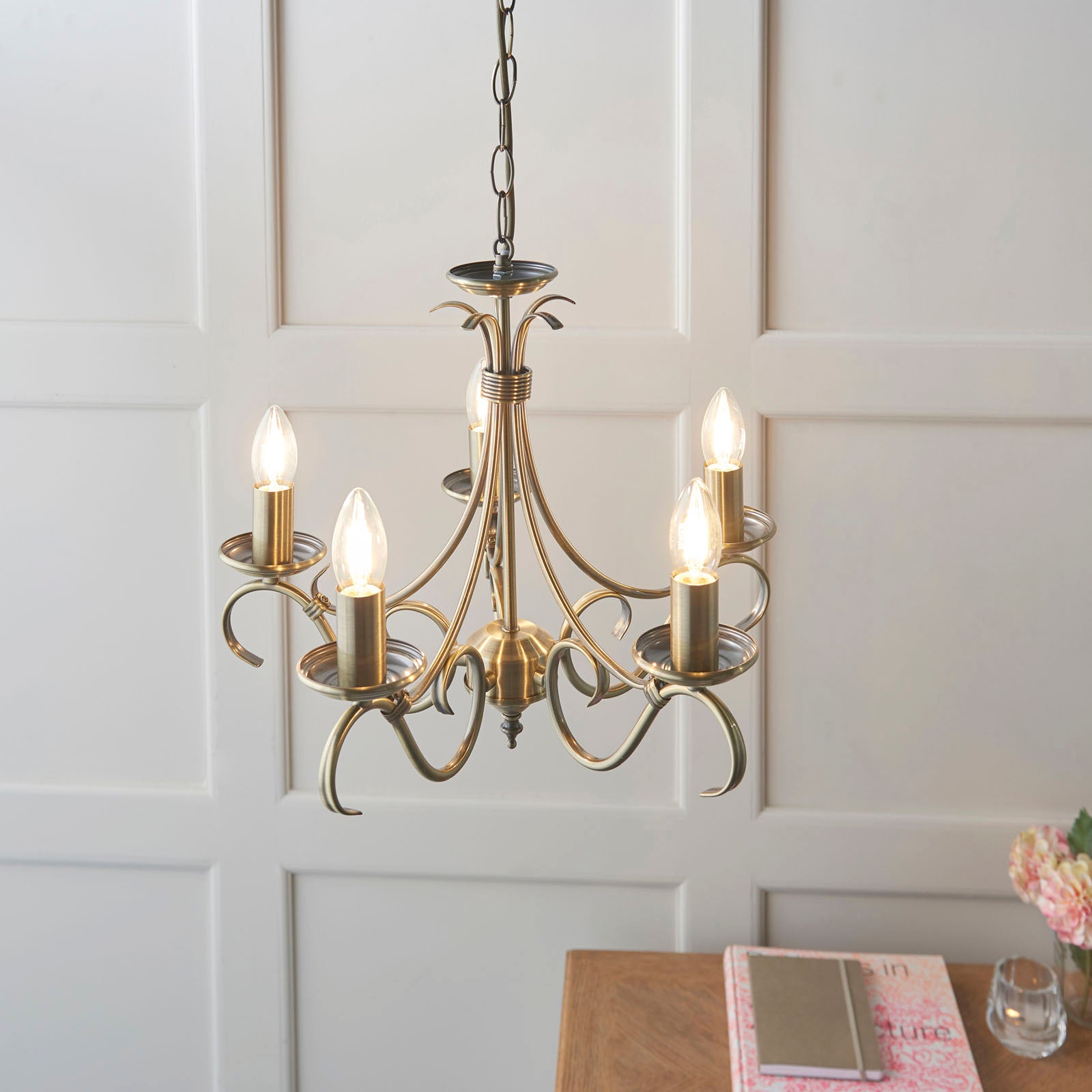 Bernice 5-Light Pendant: Antique Brass & Scrolled Arms (Dimmable)