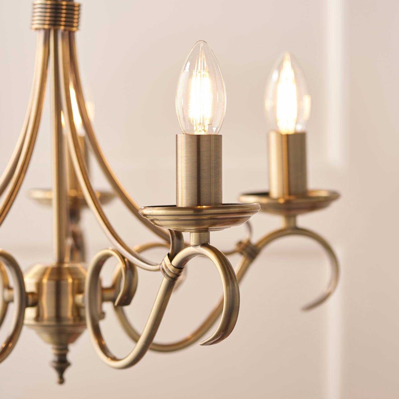 Bernice 5-Light Pendant: Antique Brass & Scrolled Arms (Dimmable)