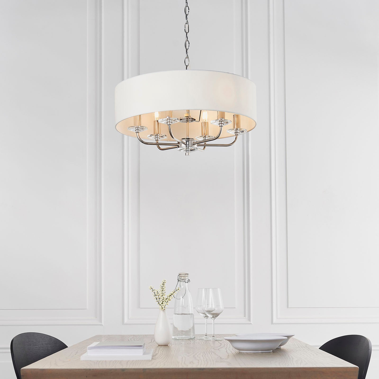 Nixon 6-Light Bright Nickel Pendant Light with Vintage White Silk Shades