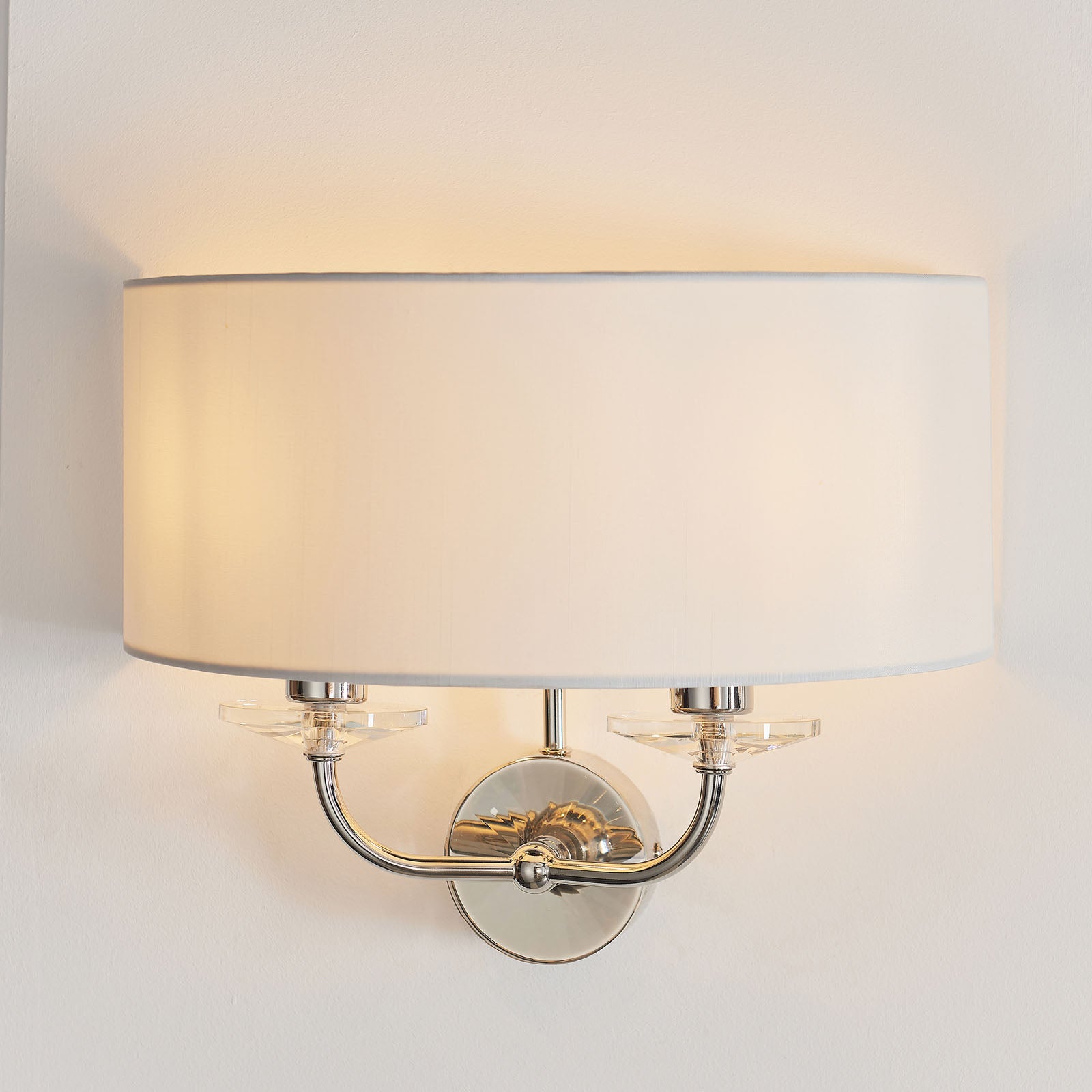 Nixon 2-Light Bright Nickel Wall Light with Vintage White Silk Shade & Crystal Detail