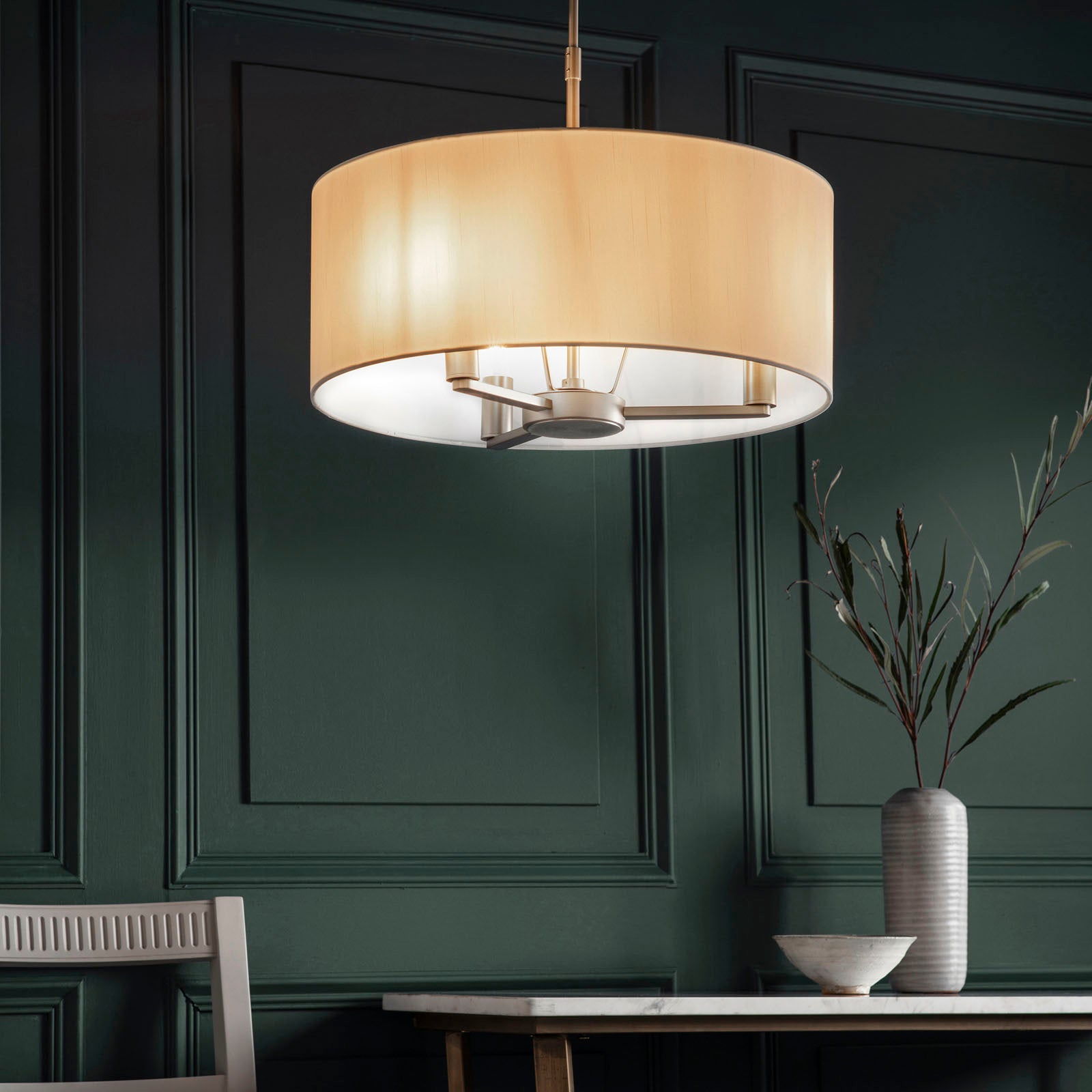 Daley 3-Light Brushed Nickel Pendant Light with White Faux Silk Shade