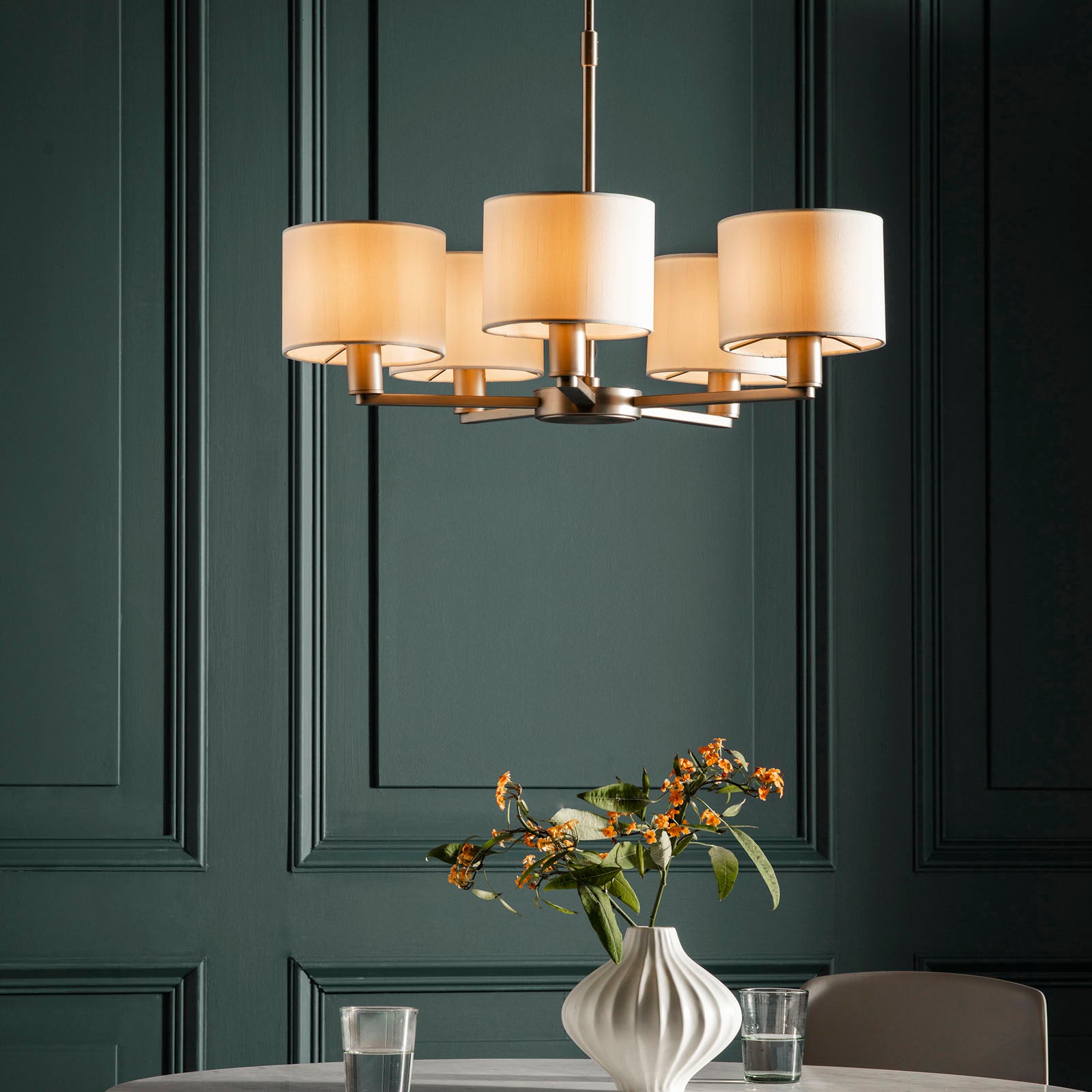 Daley 5-Light Matt Nickel Pendant with White Faux Silk Shades