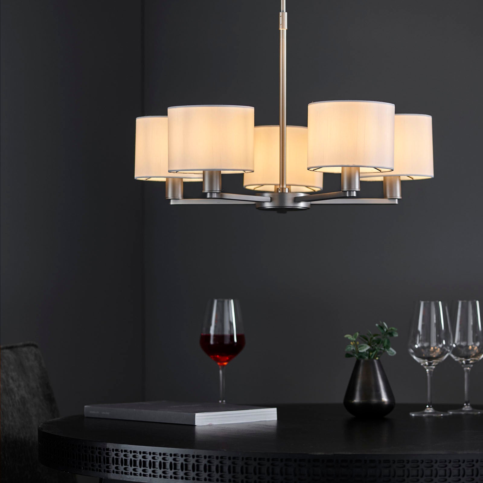 Daley 5-Light Matt Nickel Pendant with White Faux Silk Shades