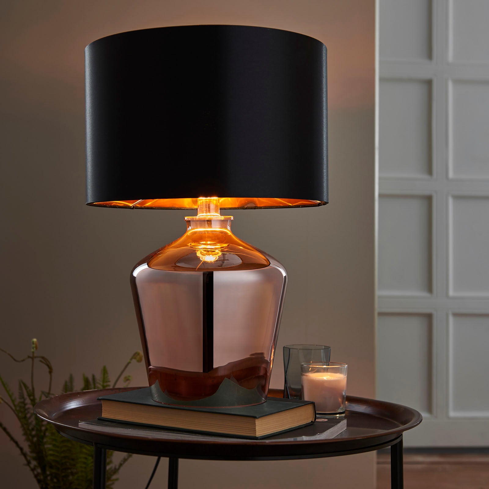 Waldorf 1-Light Copper Table Lamp with Black Faux Silk Shade