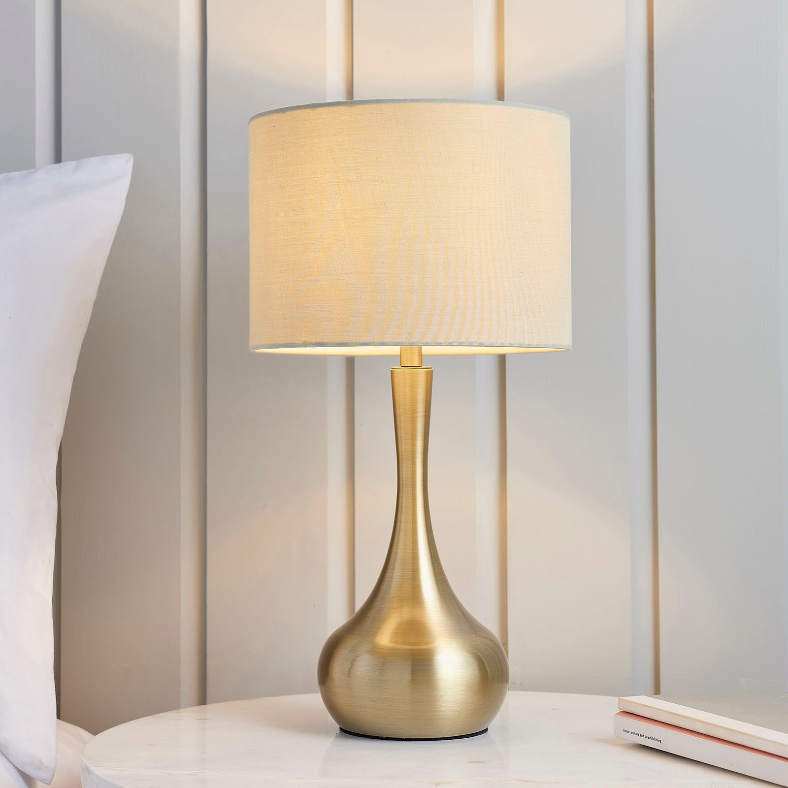 Piccadilly Soft Brass Table Lamp with Taupe Fabric Shade (Touch Dimmer)