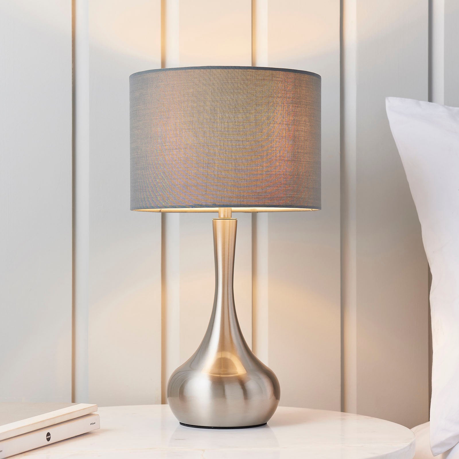Piccadilly Satin Nickel Table Lamp with Dark Grey Fabric Shade (Touch Dimmer)