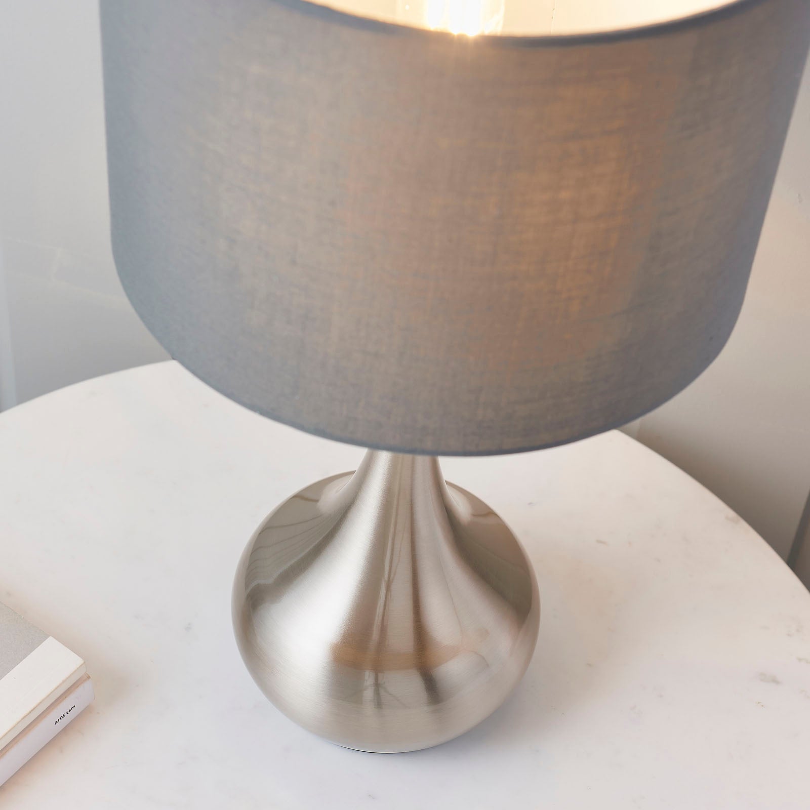 Piccadilly Satin Nickel Table Lamp with Dark Grey Fabric Shade (Touch Dimmer)