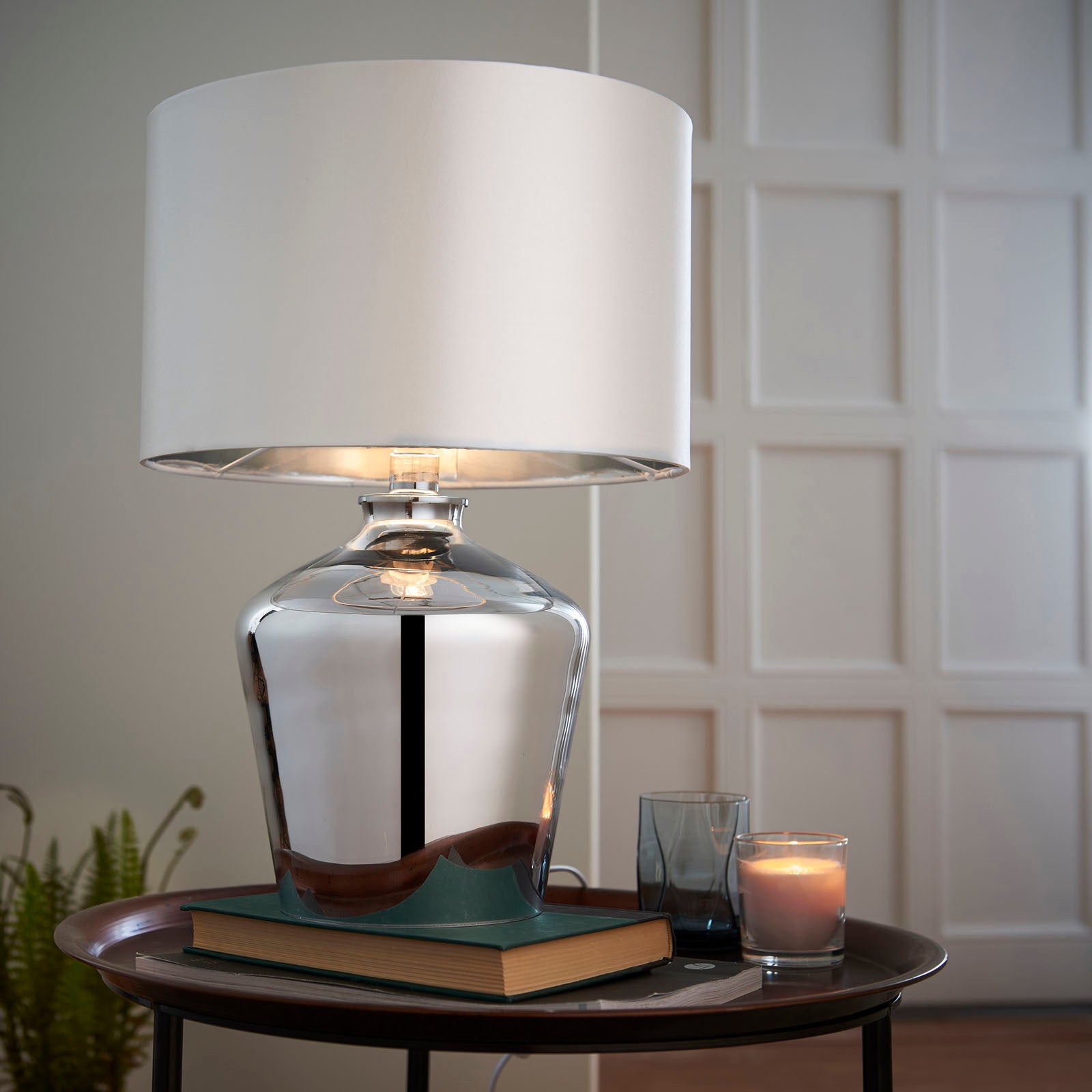 Waldorf 1-Light Chromed Glass Table Lamp with Ivory Faux Silk Shade