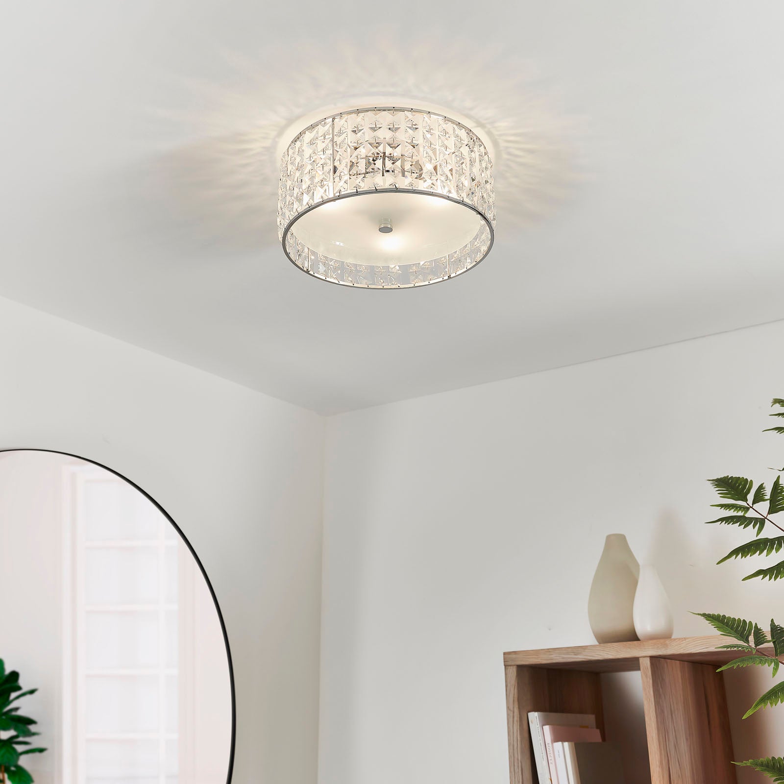Belfont 3-Light Flush Mount: Chrome & Crystal (Bathroom Safe)