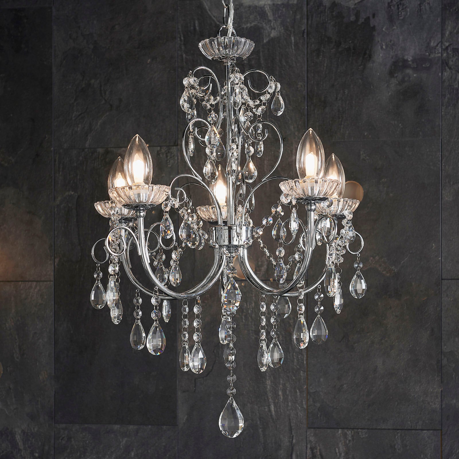Tabitha 5-Light Chrome Pendant Light (Crystal Details, Dimmable)