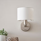 Daley 1-Light Brushed Nickel Wall Light with White Faux Silk Shade