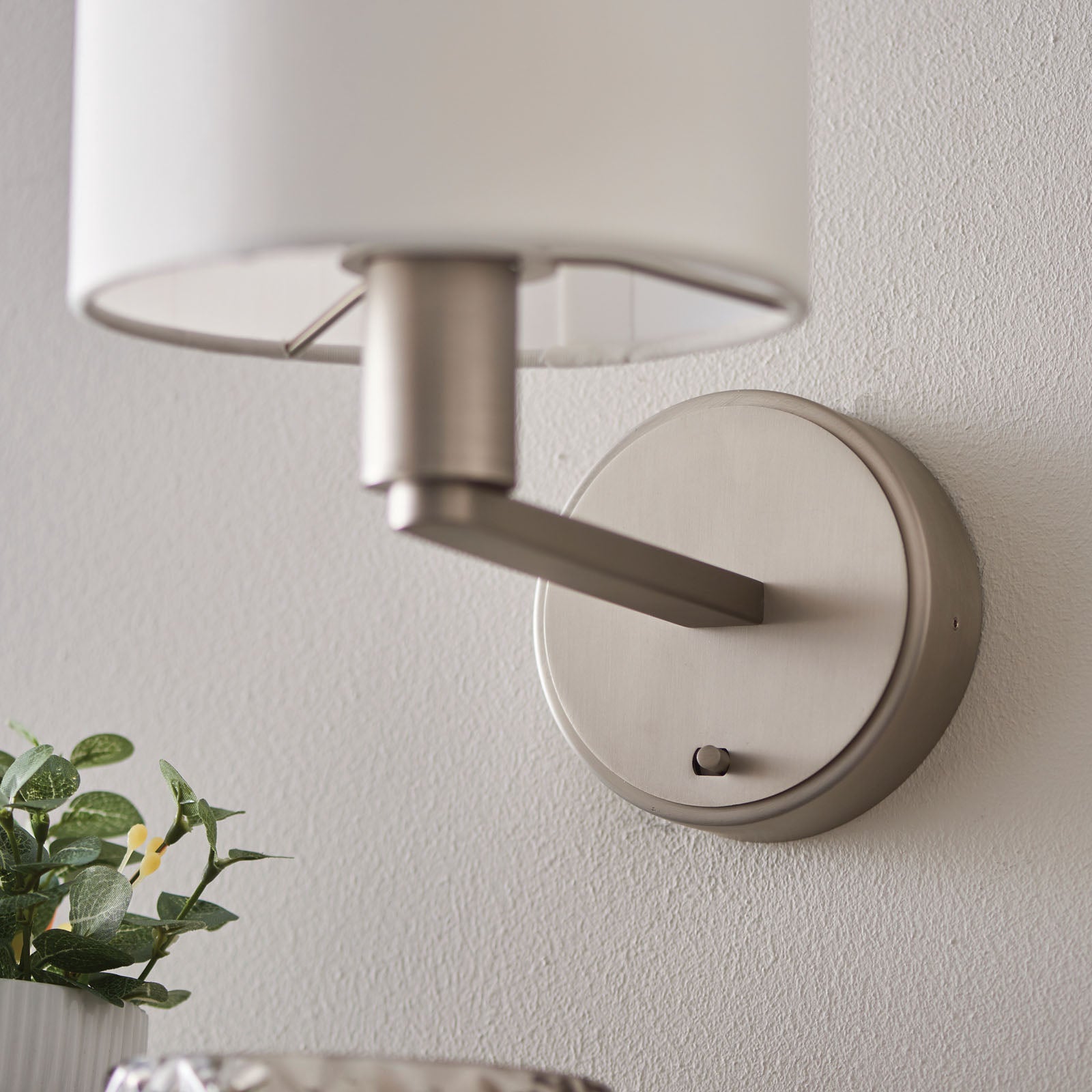 Daley 1-Light Brushed Nickel Wall Light with White Faux Silk Shade