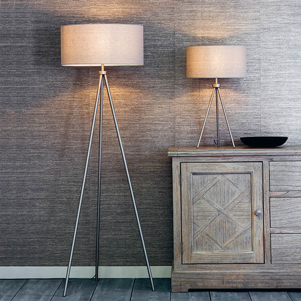 Matt Nickel Tripod Floor Lamp with Grey Linen Shade