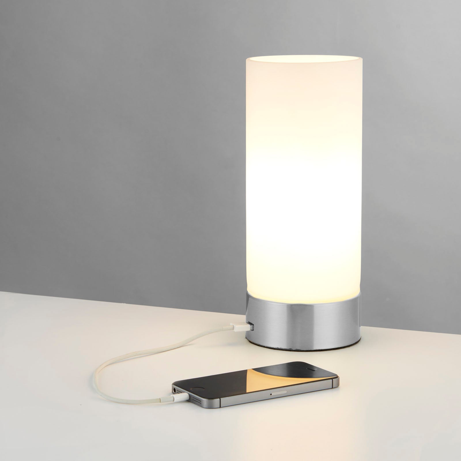 Dara 1-Light Brushed Nickel Table Lamp with Matt Opal Glass Shade & USB Port