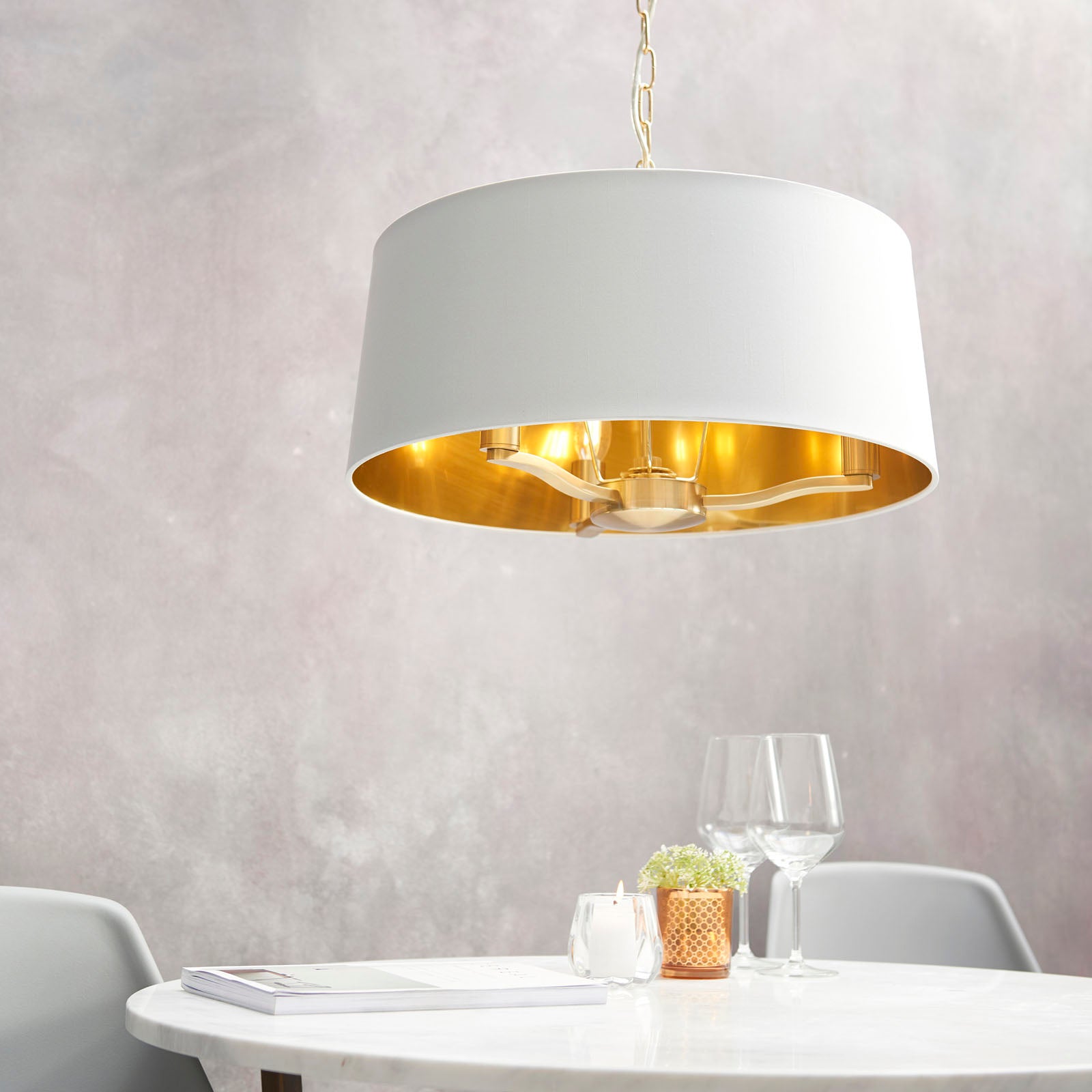 Harvey Brushed Gold 3-Light Pendant Light with White Faux Silk Shades