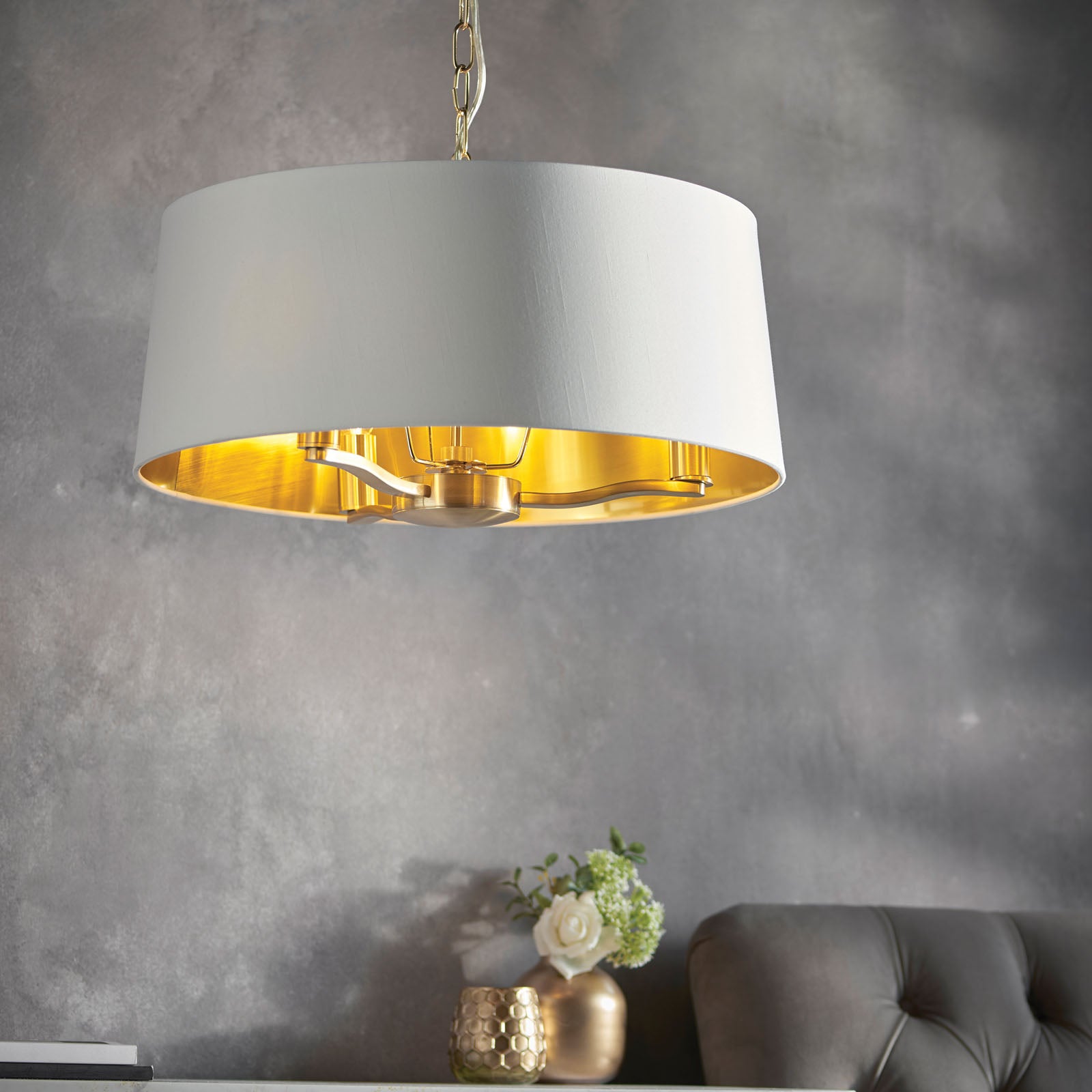 Harvey Brushed Gold 3-Light Pendant Light with White Faux Silk Shades