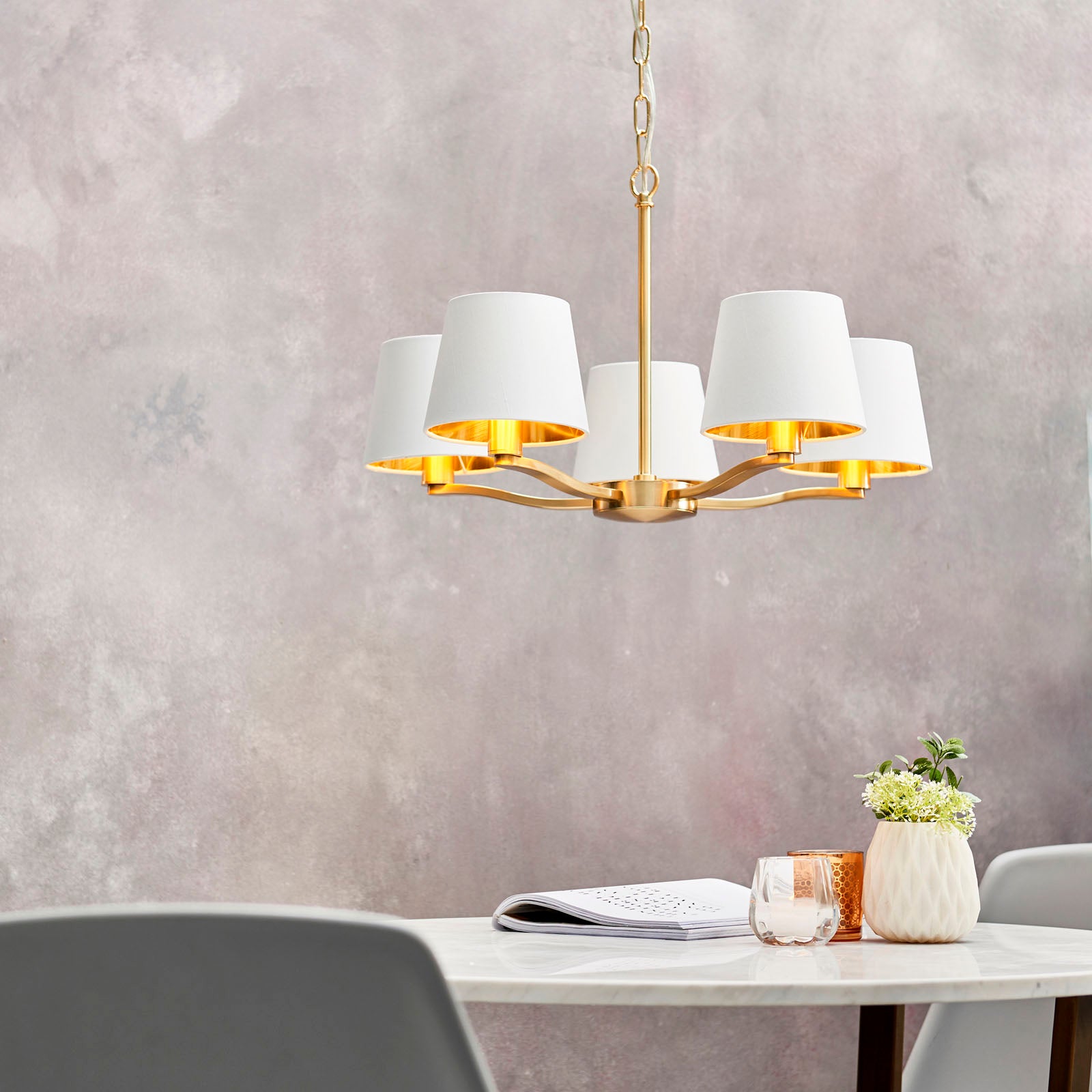 Harvey Brushed Gold 5-Light Pendant Light with White Faux Silk Shades