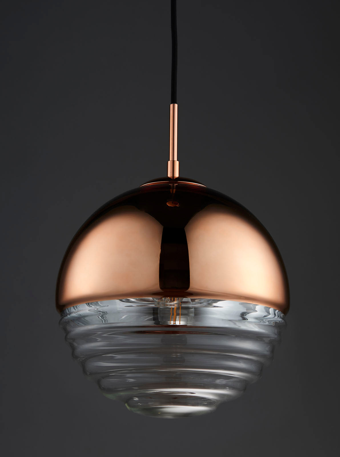 Paloma Copper & Clear Ribbed Glass Pendant Light (Adjustable)