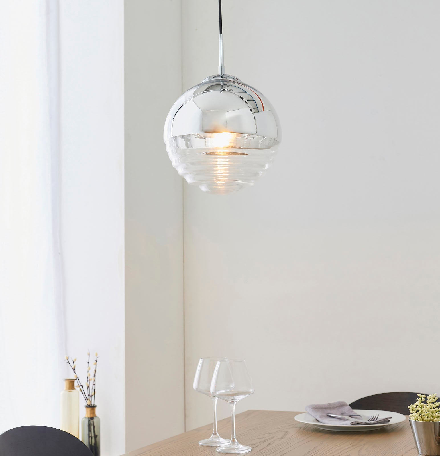 Paloma Chrome & Clear Ribbed Glass Pendant Light (Adjustable)