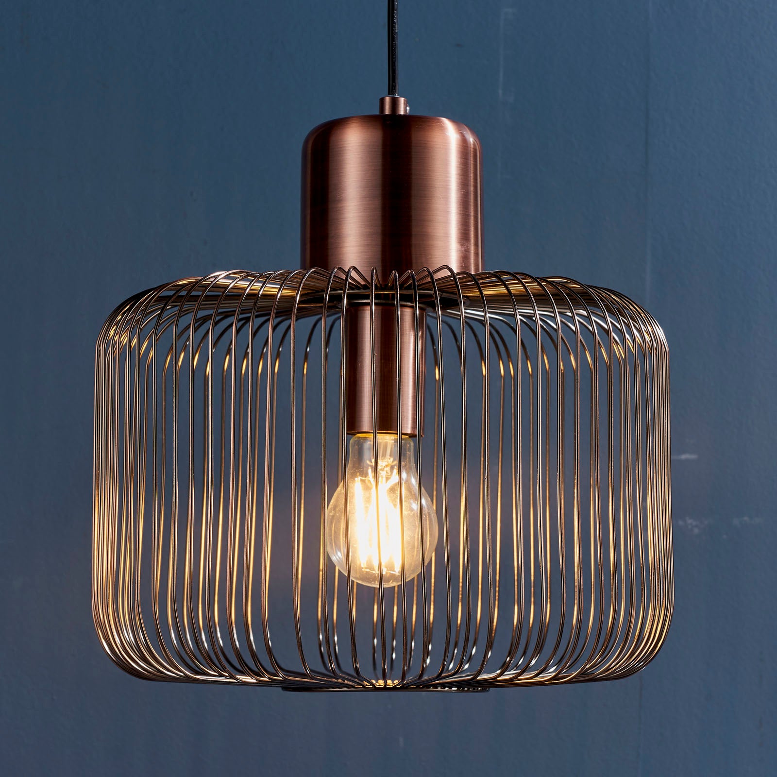 Nicola 1-Light Antique Copper Pendant with Metal Cage Shade (Adjustable Height)