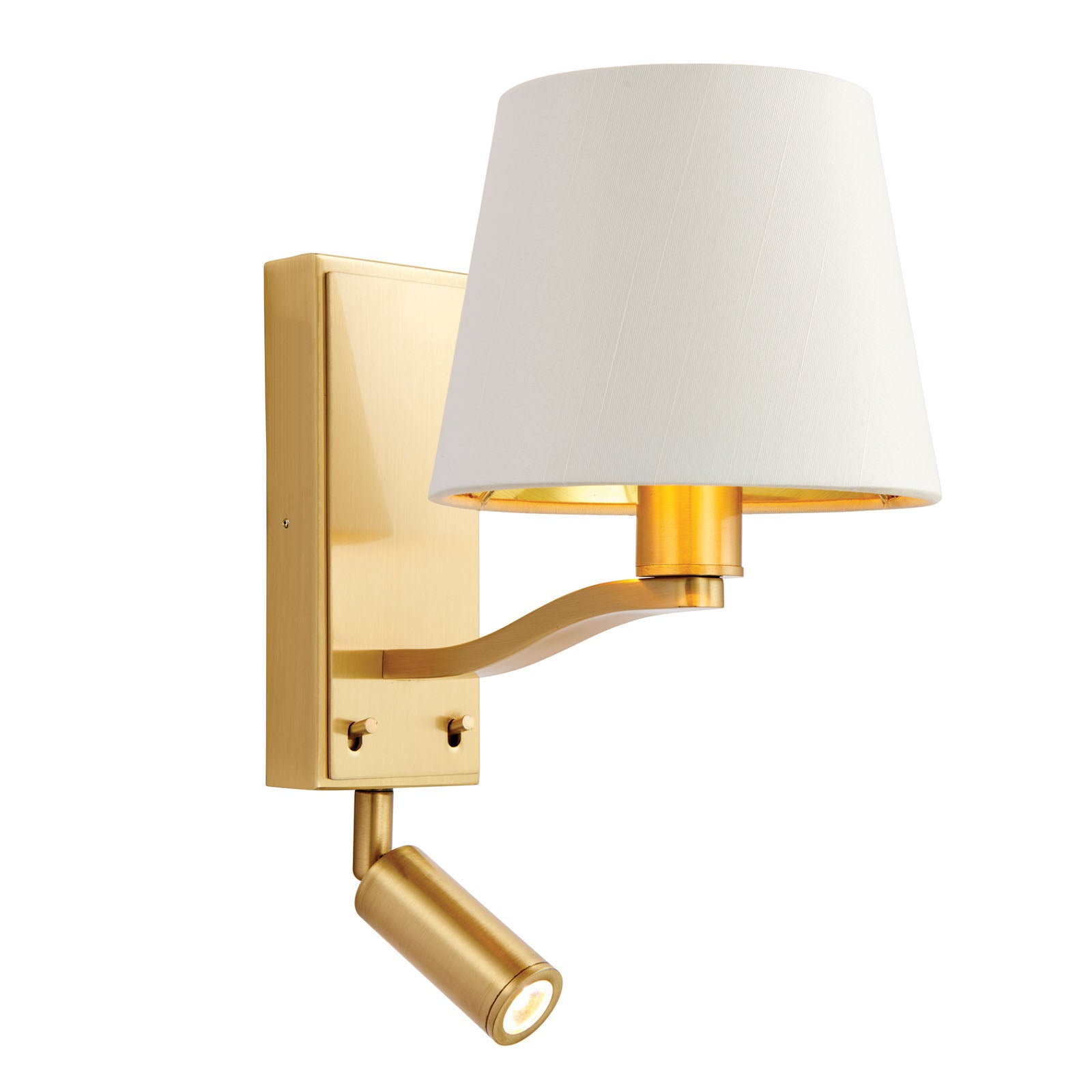 Harvey Brushed Gold 2-Light Wall Light with Reading Light & White Shade