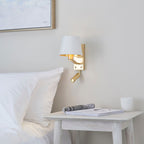 Harvey Brushed Gold 2-Light Wall Light with Reading Light & White Shade