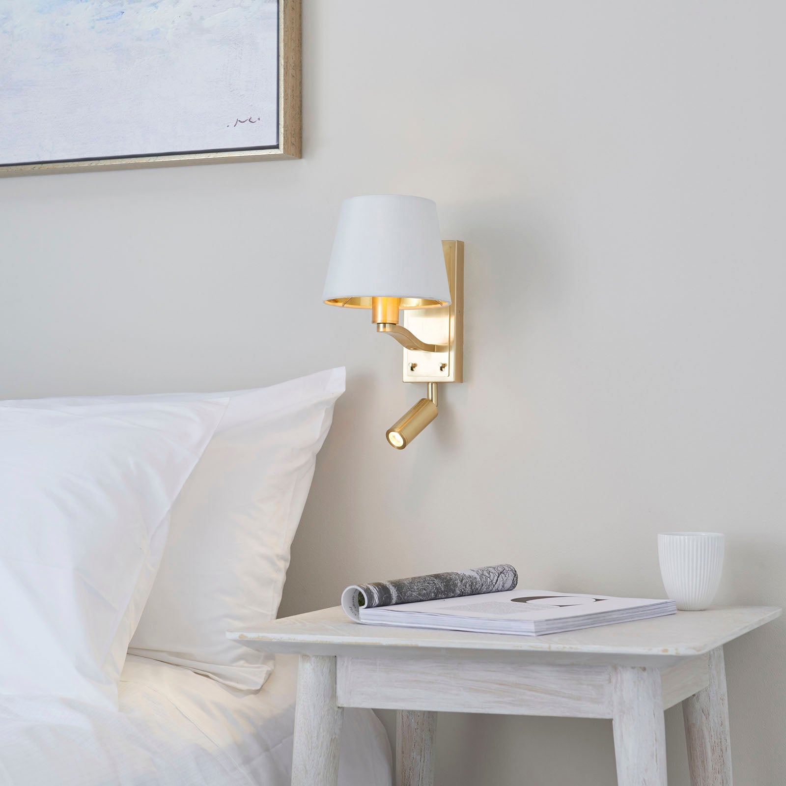 Harvey Brushed Gold 2-Light Wall Light with Reading Light & White Shade