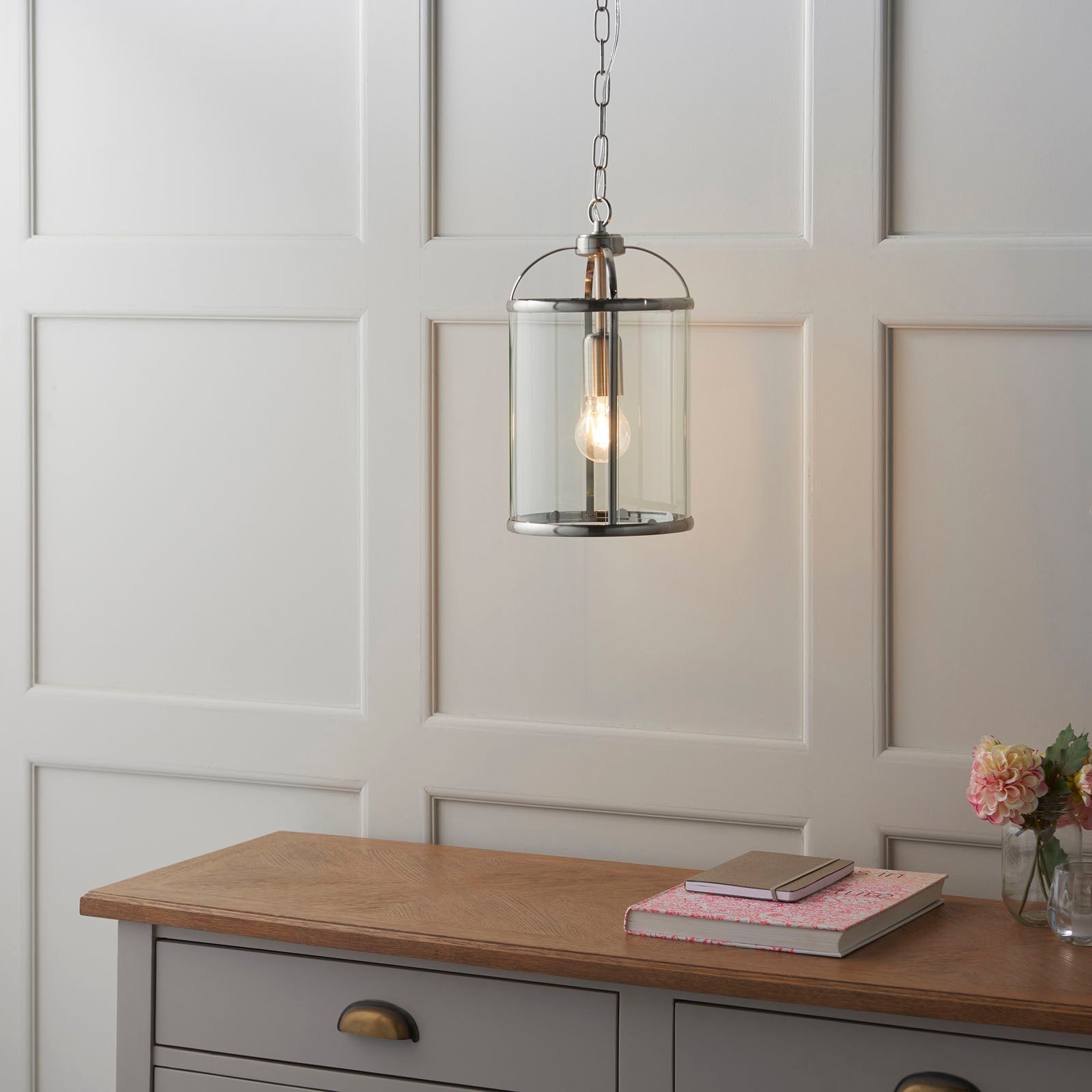 Lambeth 1-Light Adjustable Satin Nickel Pendant with Clear Glass