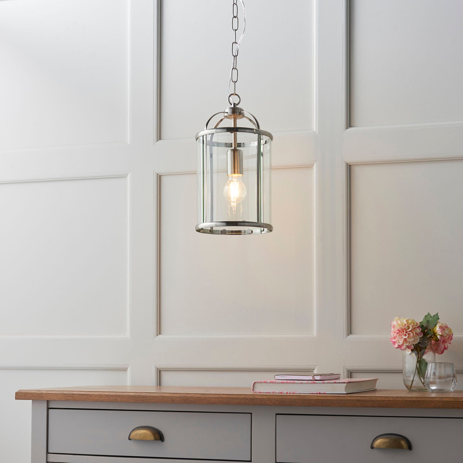 Lambeth 1-Light Adjustable Satin Nickel Pendant with Clear Glass
