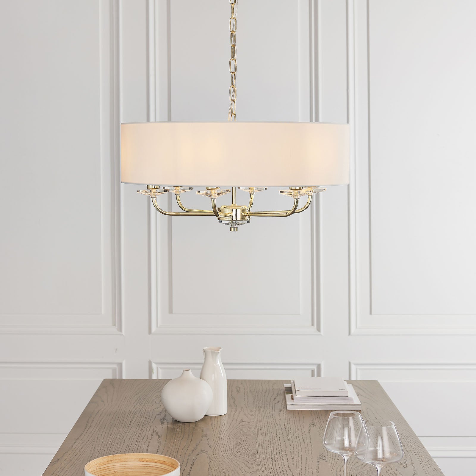 Nixon 6-Light Brass Pendant Light with Vintage White Silk Shades