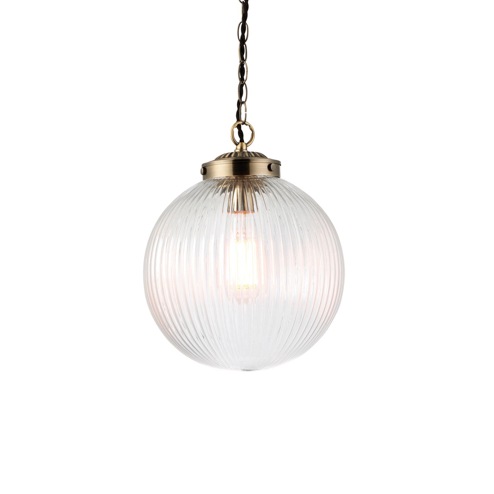 Brydon Small 1-Light Pendant : Antique Brass Chain & Ribbed Glass (Dimmable)