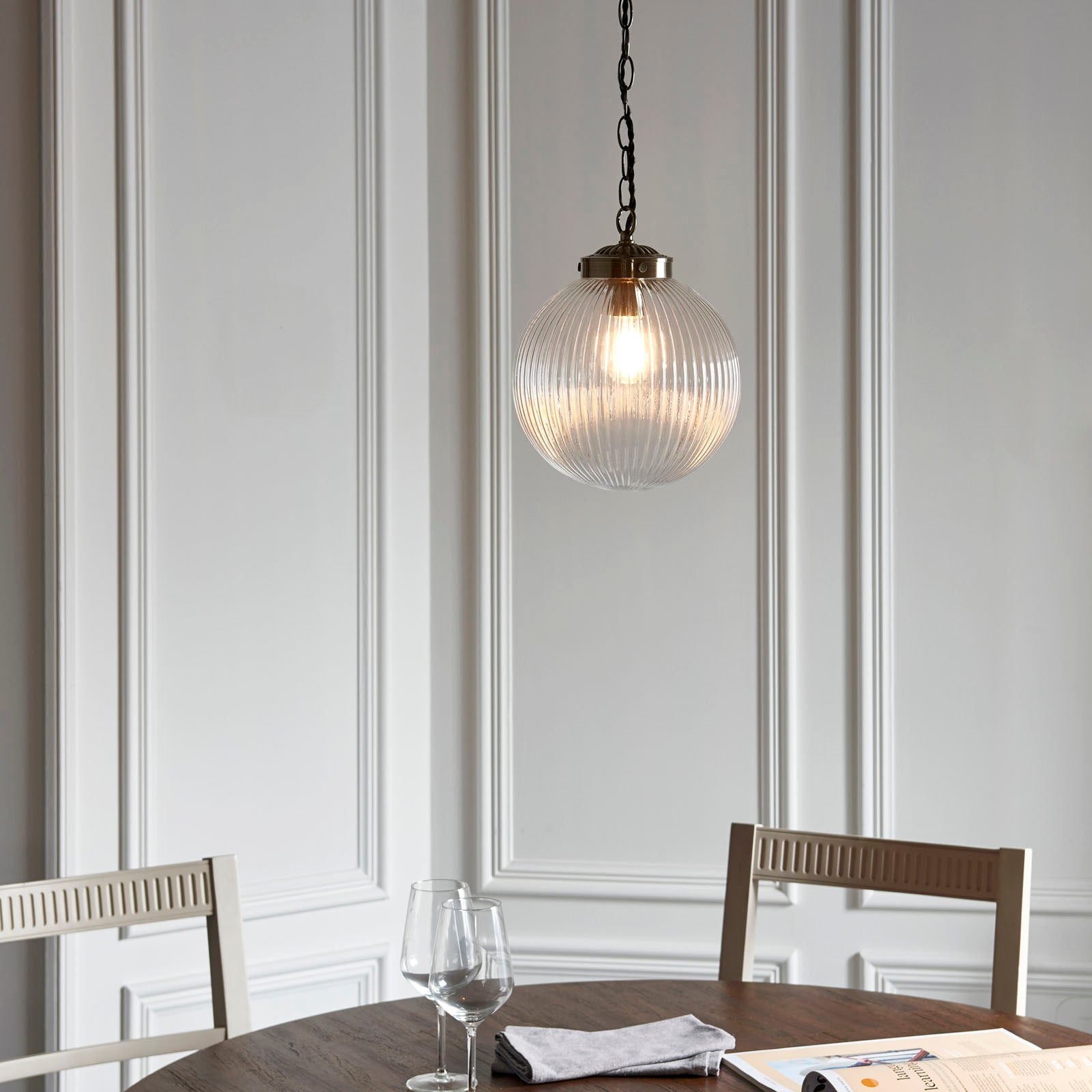 Brydon Small 1-Light Pendant : Antique Brass Chain & Ribbed Glass (Dimmable)