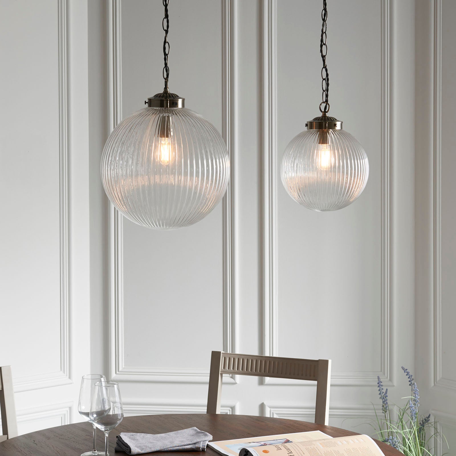 Brydon Small 1-Light Pendant : Antique Brass Chain & Ribbed Glass (Dimmable)