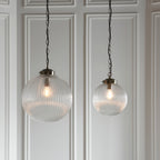 Brydon Small 1-Light Pendant : Antique Brass Chain & Ribbed Glass (Dimmable)