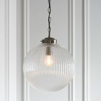 Brydon Large 1-Light Pendant: Antique Brass Chain & Ribbed Glass (Dimmable)