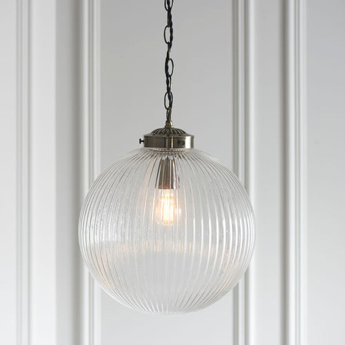 Brydon Large 1-Light Pendant: Antique Brass Chain & Ribbed Glass (Dimmable)