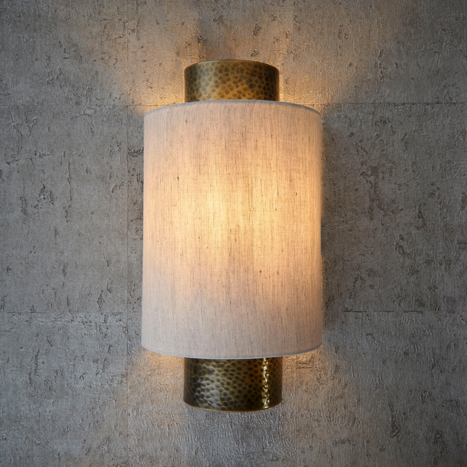 Indara Wall Light with Hammered Aged Bronze Finish and Natural Linen Shade