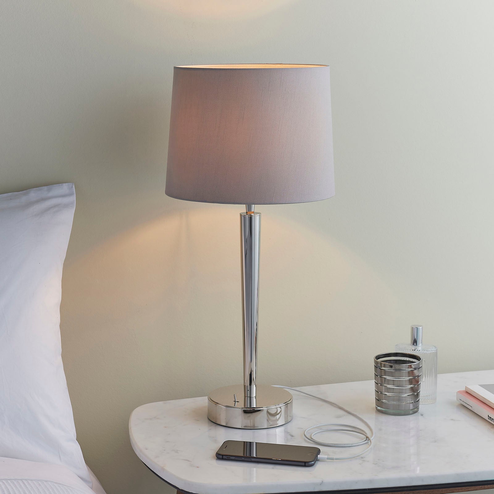 Syon Table Lamp with USB Port (Bright Nickel, Mink Shade)