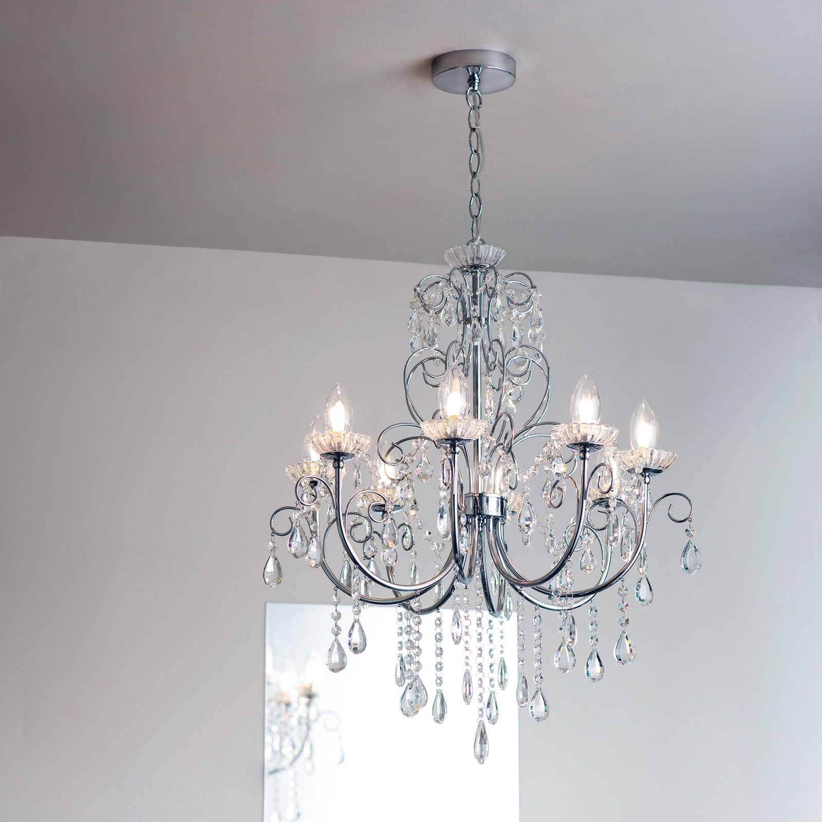 Tabitha 8-Light Chrome Pendant Light (Crystal Details, Dimmable)