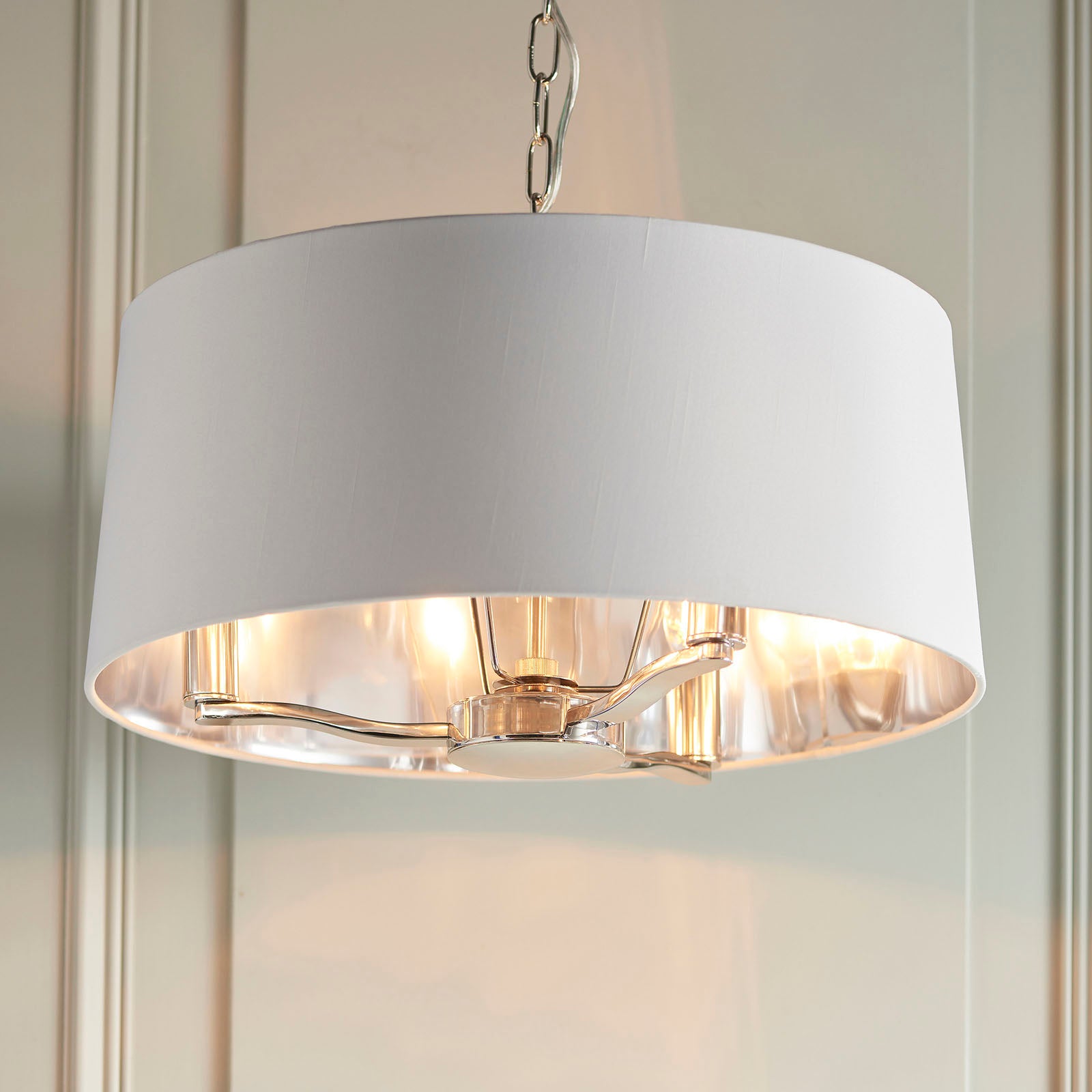 Bright Nickel 3-Light Pendant Light with White Faux Silk Shades