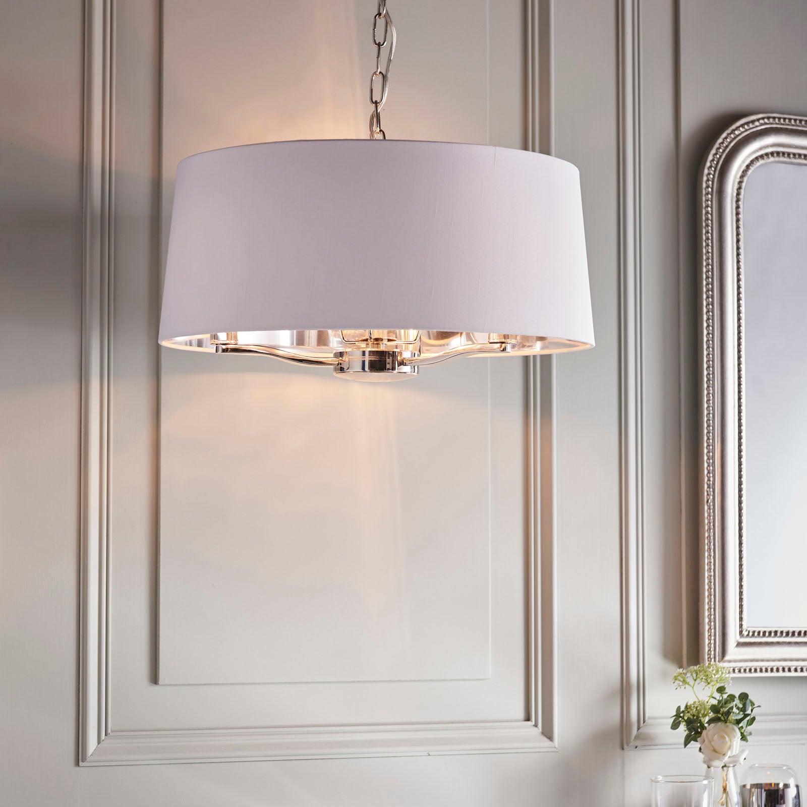 Bright Nickel 3-Light Pendant Light with White Faux Silk Shades