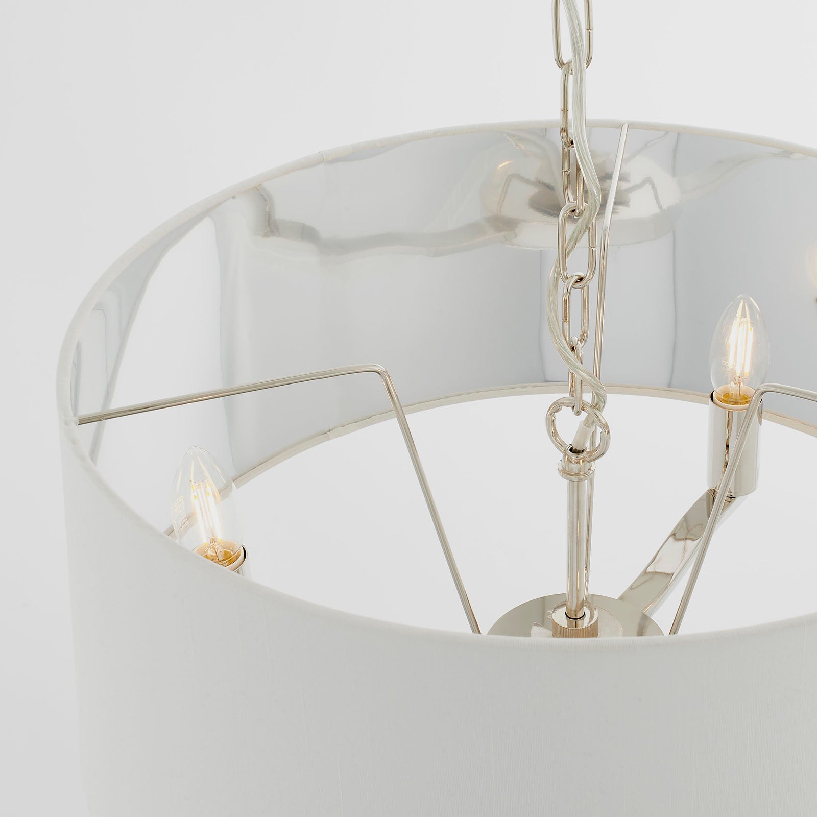 Bright Nickel 3-Light Pendant Light with White Faux Silk Shades