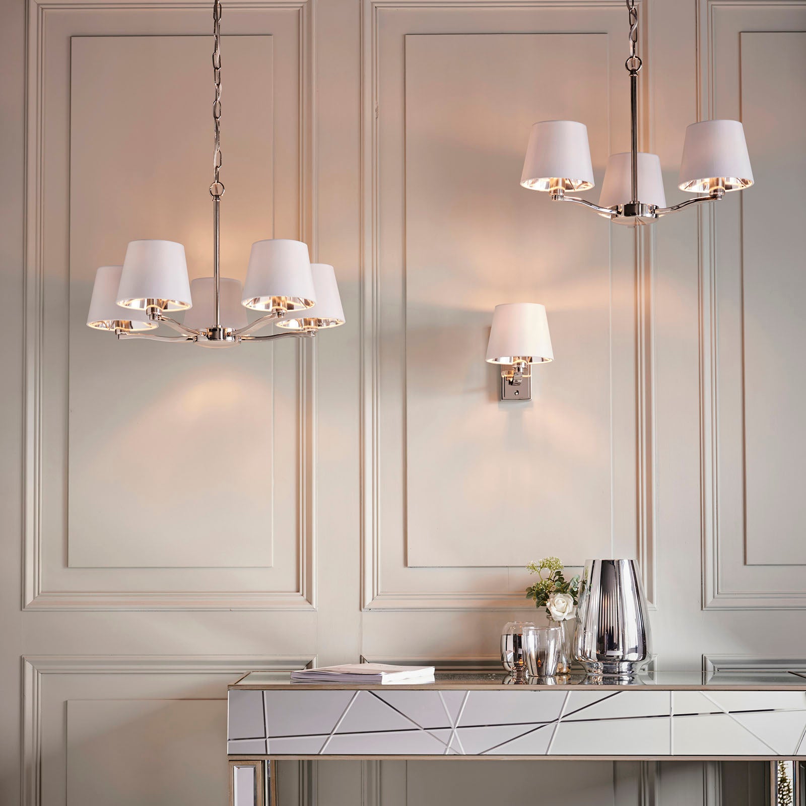 Harvey Bright Nickel 5-Light Pendant Light with White Faux Silk Shades