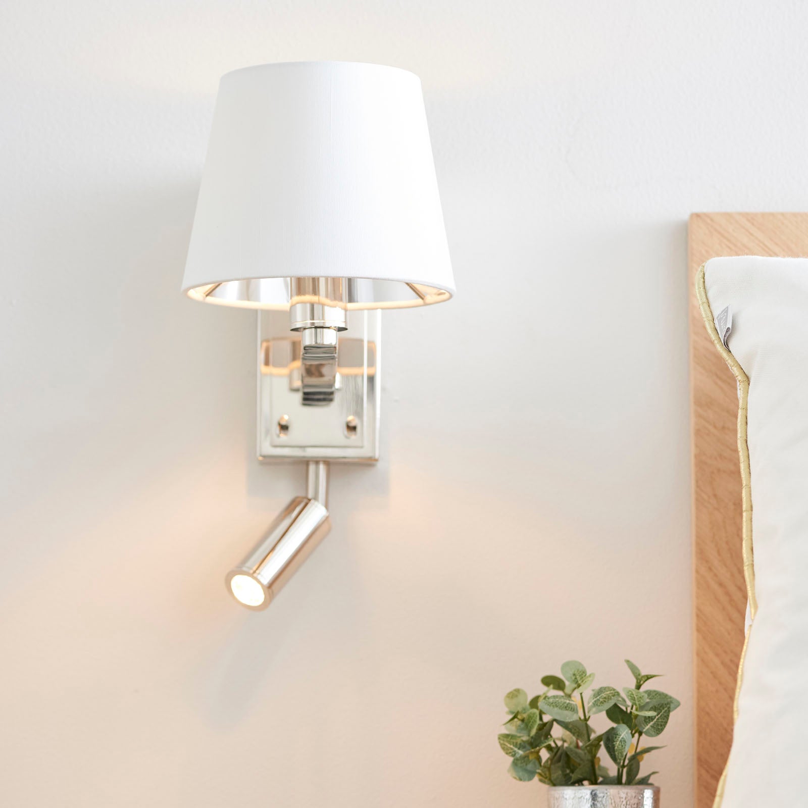 Harvey Bright Nickel 1-Light Wall & Spot Light with White Faux Silk Shade