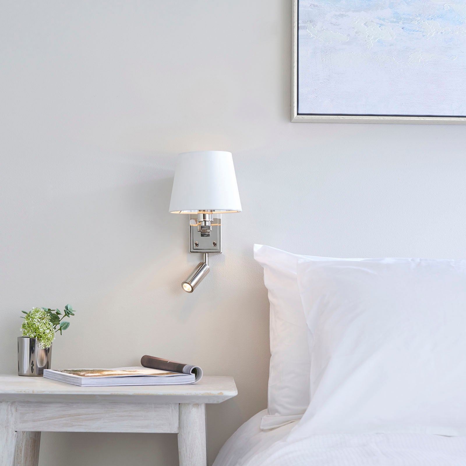 Harvey Bright Nickel 1-Light Wall & Spot Light with White Faux Silk Shade