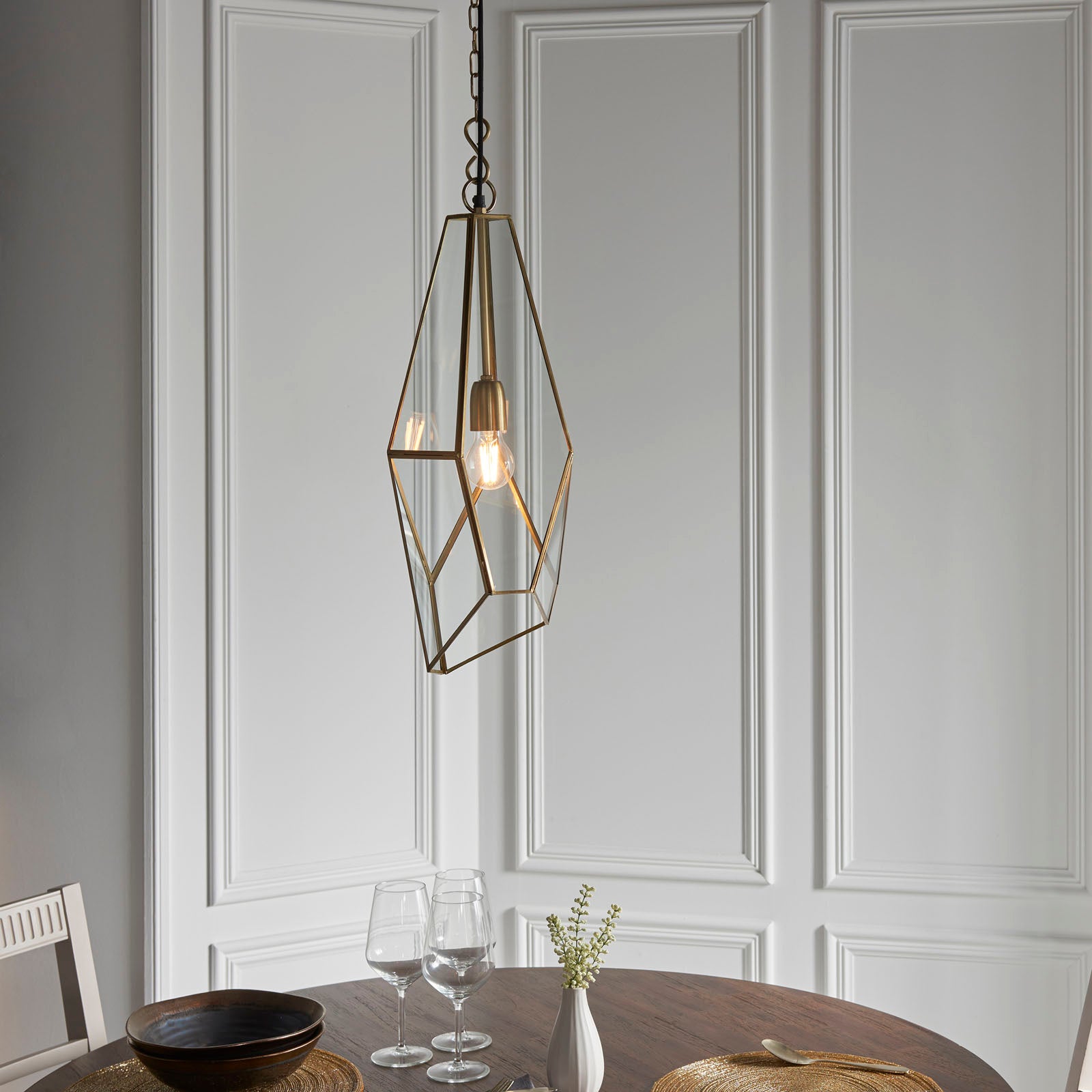 Avery 1-Light Pendant: Angular Glass Cage (Antique Brass)